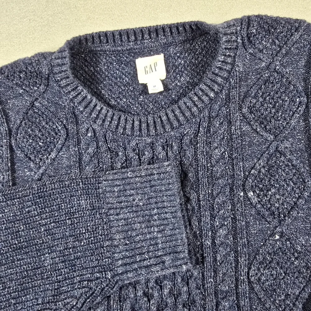 Gap Mens Medium Blue Sweater Crewneck Cable Knit Marled Cotton Blend